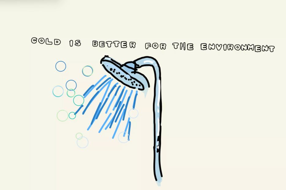 gezeichneter Duschkopf mit laufendem Wasser